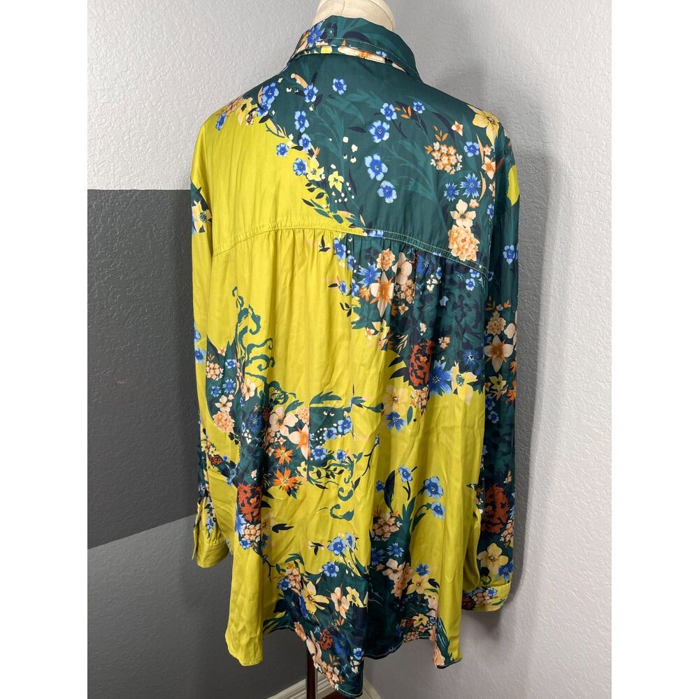 Anthropologie Floral Patchwork Blouse 3X Yellow Green Colorblock Button Shirt - Picture 2 of 12